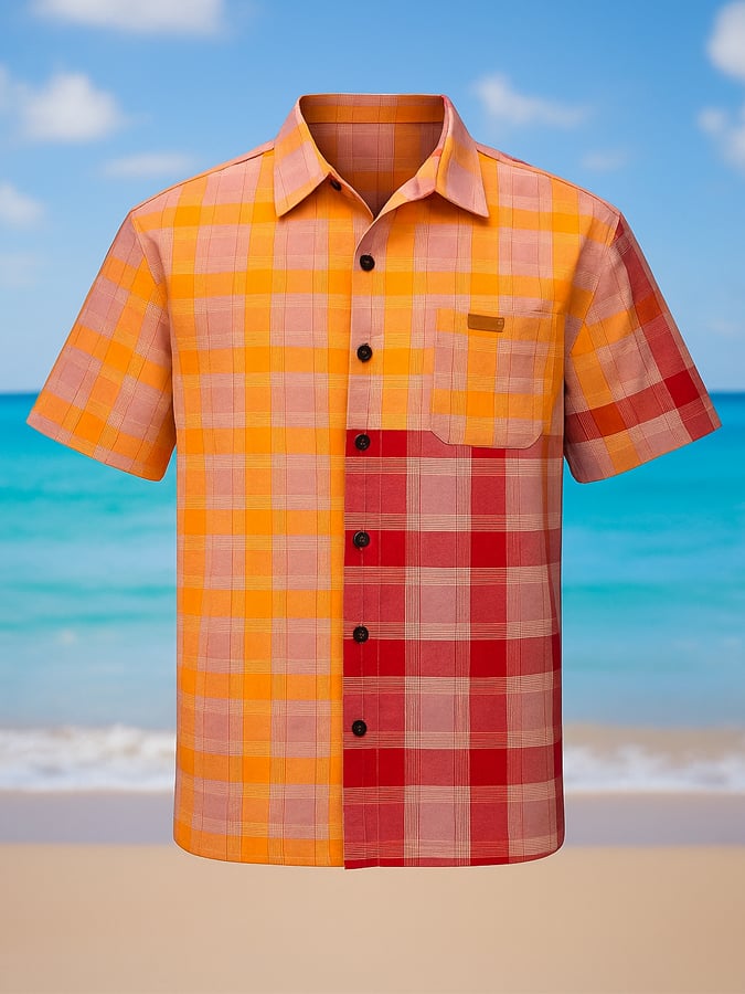 Men's linen shirt with checked pattern, casual, short sleeve