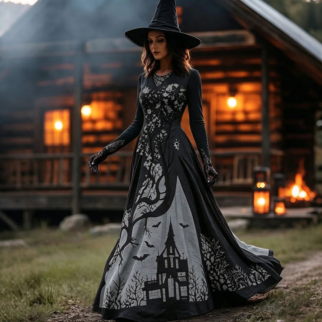 Women's Halloween Gradient Treehouse Design  V-neck Maxi Dress