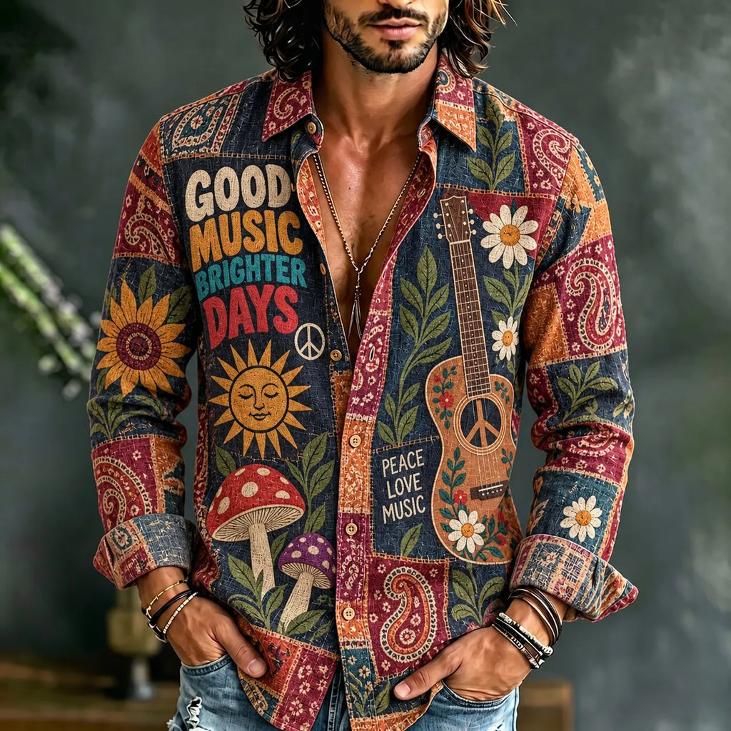 Men's Retro Hippie Art Print Long Sleeve Casual Shirt