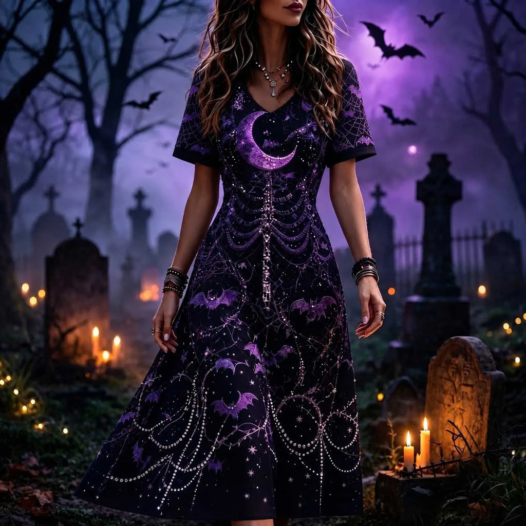 Women's Gothic V-neck Short Sleeve A-line Dress With Purple Moon And Bat Print