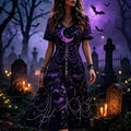 Women's Gothic V-neck Short Sleeve A-line Dress With Purple Moon And Bat Print