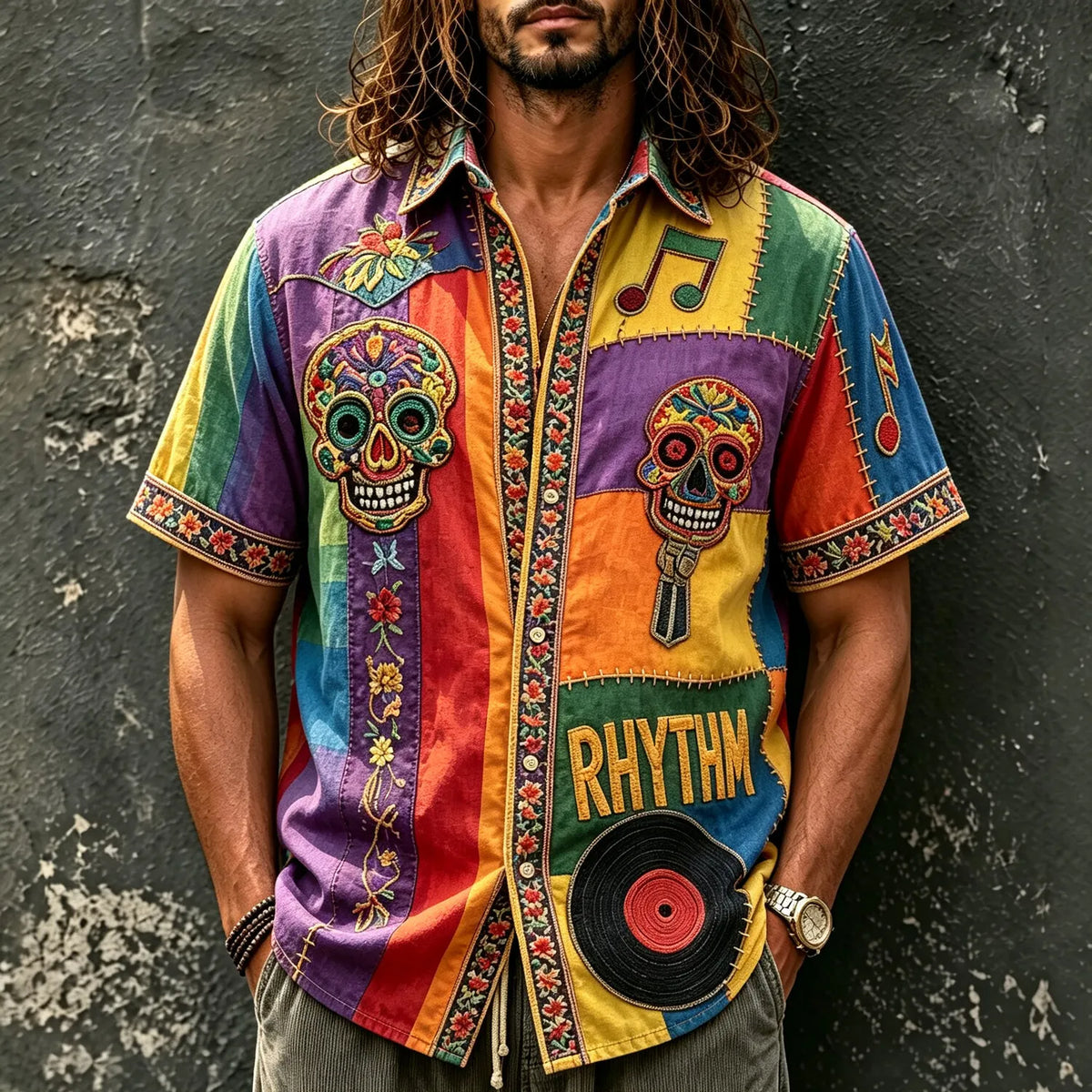 Men's Colorful Calavera Music Note Print Short Sleeve Buttons Shirt