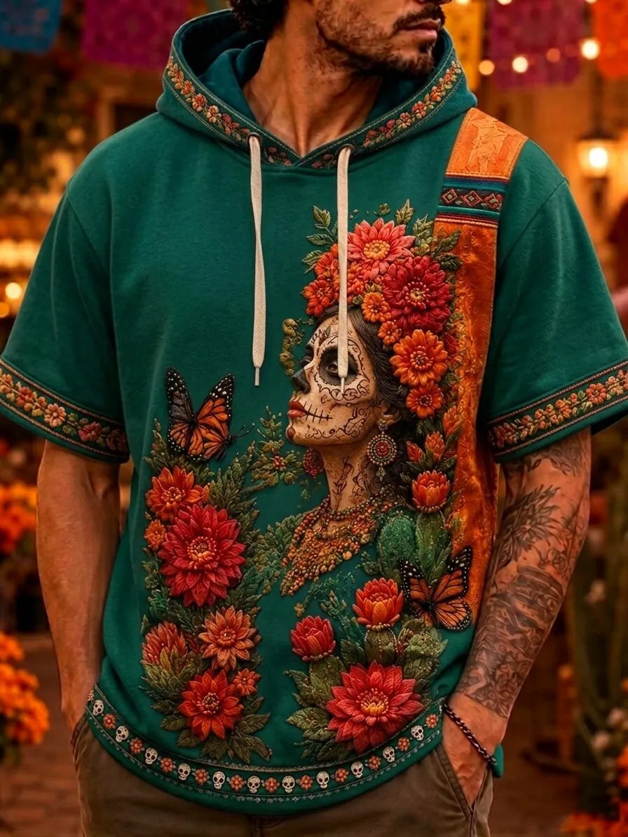 Men's Day Of The Dead Calavera Lady Monarch Butterfly Floral Print Hooded T-Shirt