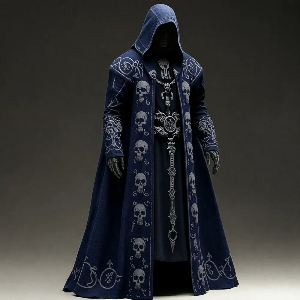 Men's Contrast-color Skull Studded Embroidered Hooded Cape