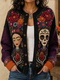 Women's Day Of The Dead Dual‐Side Female Portrait Sacred‐Heart Rich Multi‐Tone Floral Blocks Print Knit Cardigan