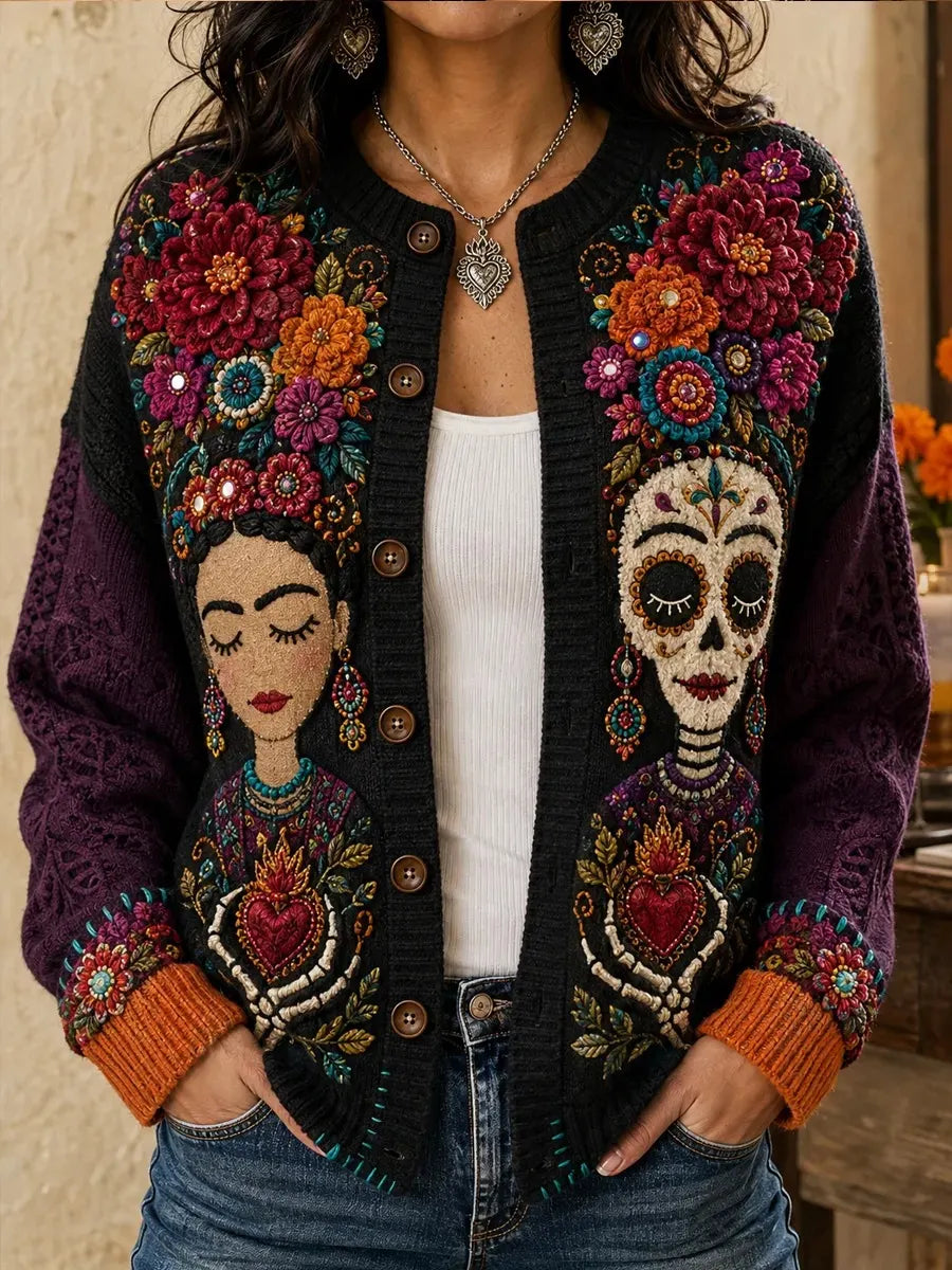 Women's Day Of The Dead Dual‐Side Female Portrait Sacred‐Heart Rich Multi‐Tone Floral Blocks Print Knit Cardigan
