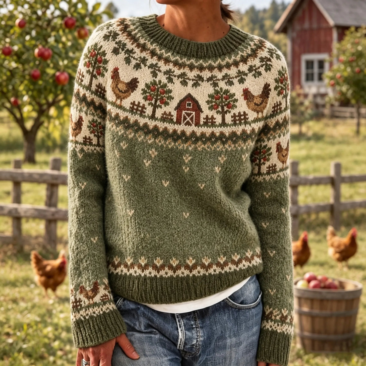 Women's Vintage Farm Animal Print Casual Crew-neck Knit Sweater
