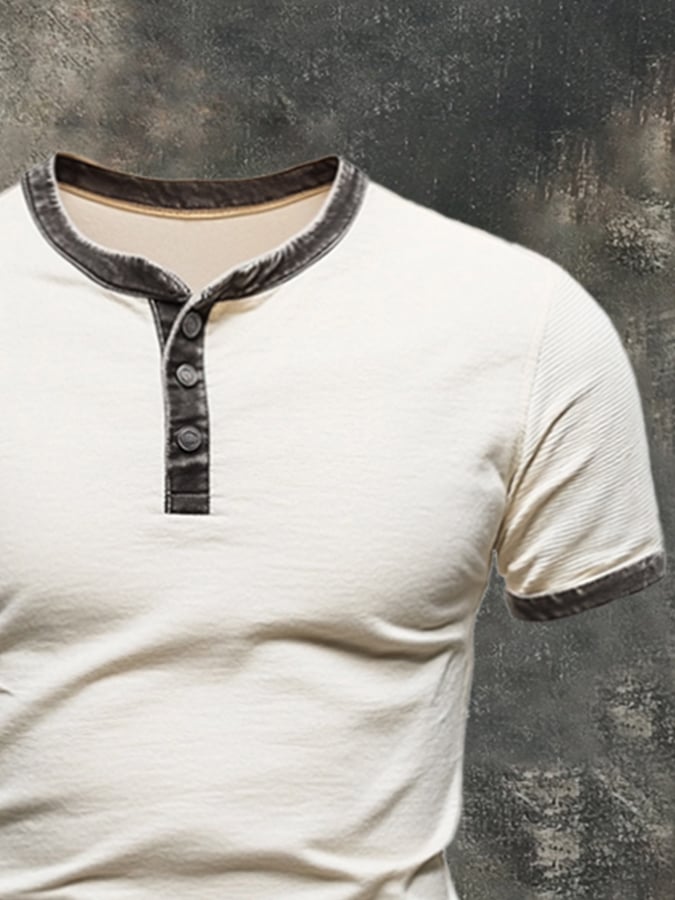 Men's casual retro color block Henley T-shirt