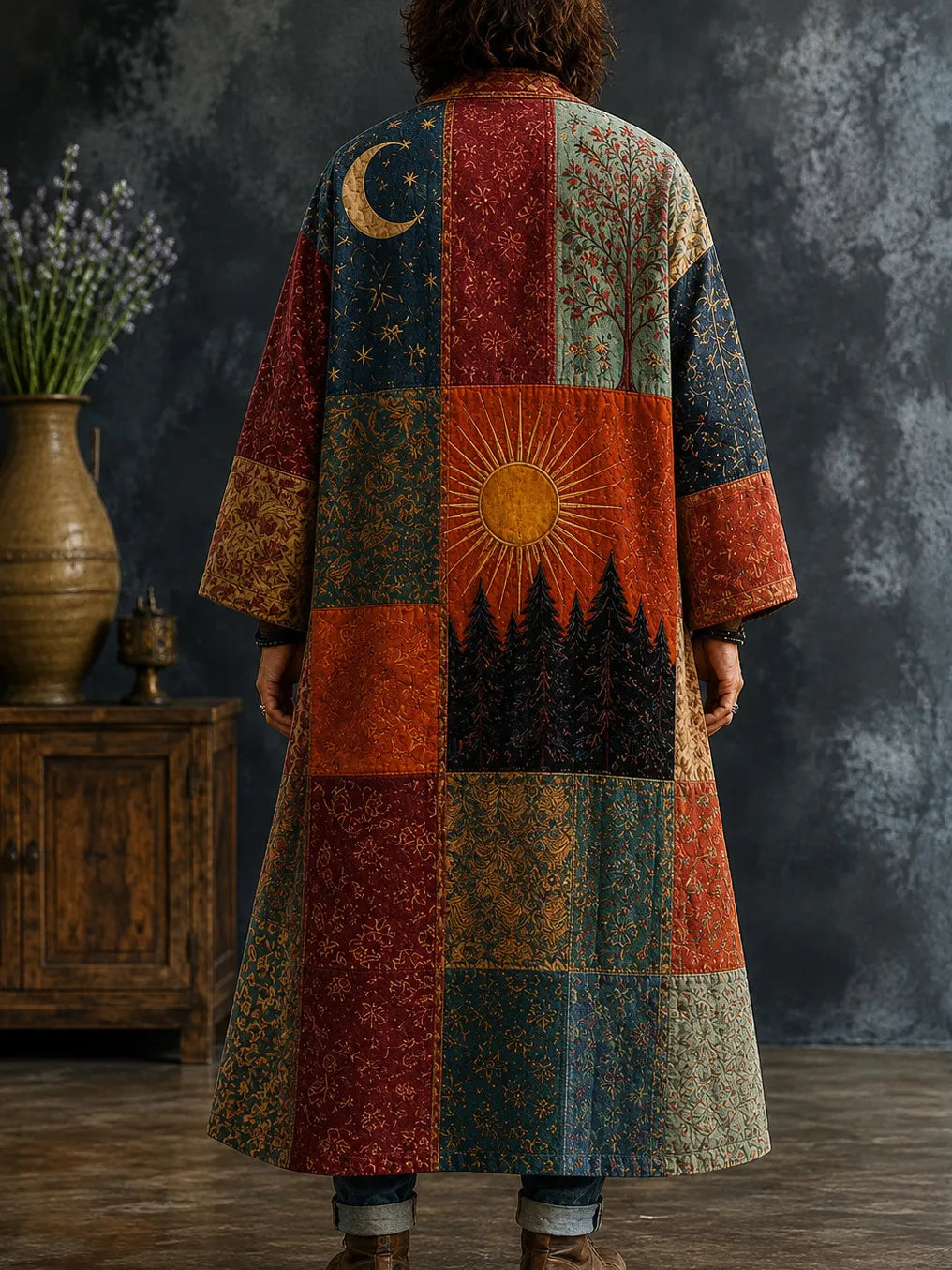 Men's Boho Radiant Sun Mountain Floral Blocks Art Print Kimono Cardigan