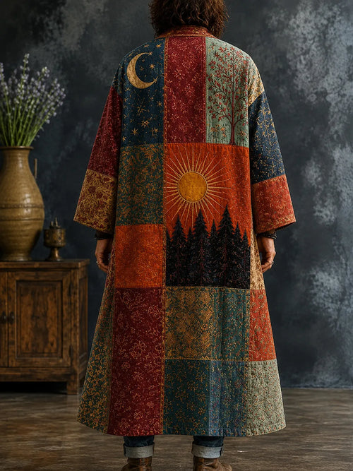 Men's Boho Radiant Sun Mountain Floral Blocks Art Print Kimono Cardigan