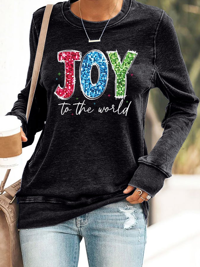 Retro Christmas Joy To The World Print Sweatshirt