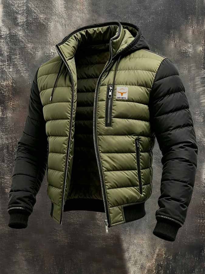Men's Retro Color-Block Padded Down Jacket (Detachable Hood)