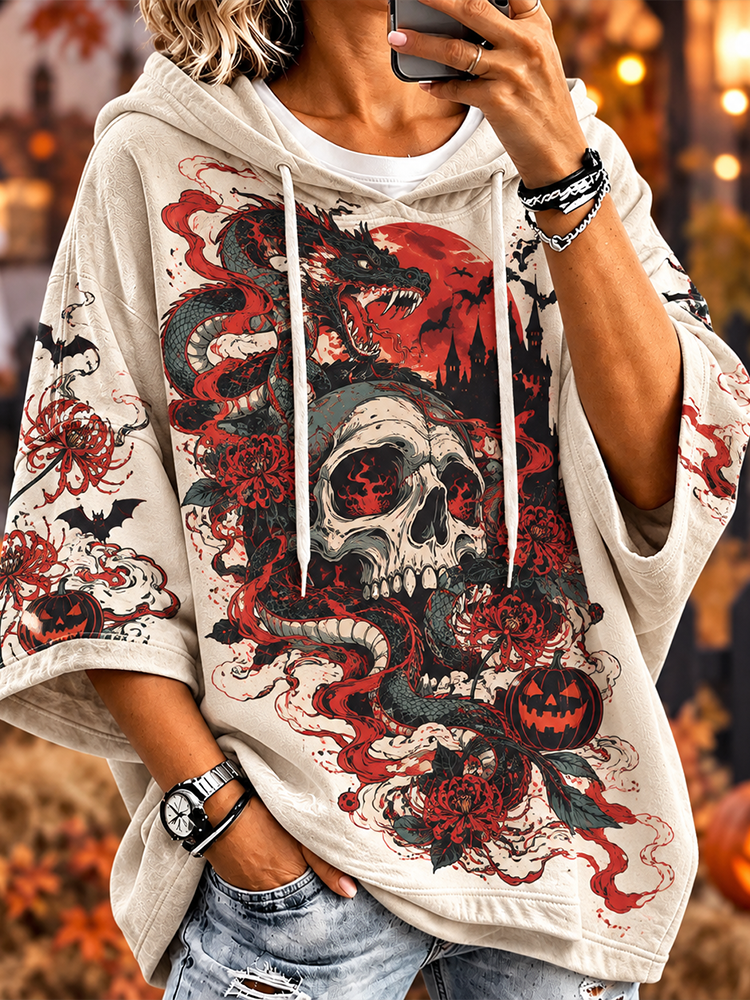 Women's Halloween Gothic Snake, Skull, Red Spider Lilies And Pumpkins Short Sleeve Hoodie
