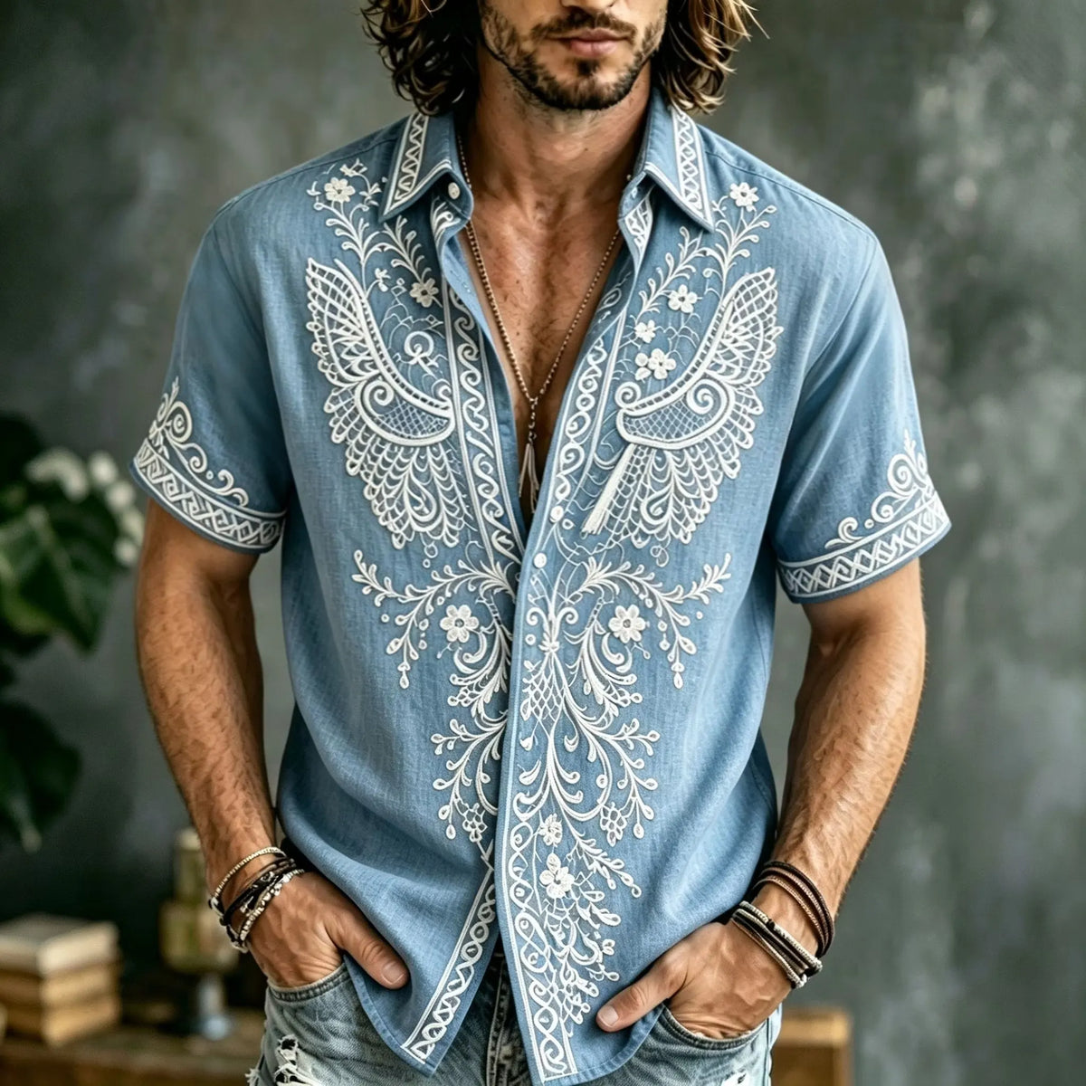 Men's Cascading Vine Floral Cluster Print Short Sleeve Buttons Shirt