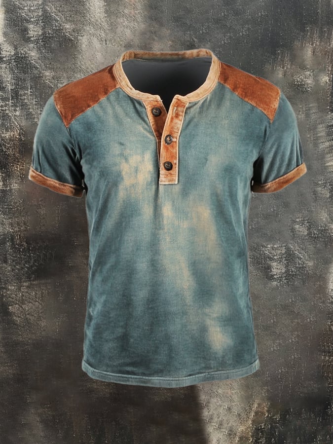 Men's Vintage Color Block Cotton Casual Henley Short Sleeve T-Shirt