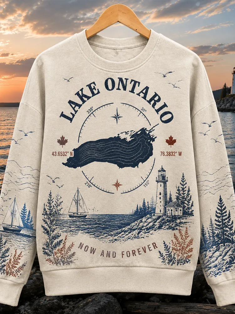 Women's Crewneck Sweatshirt - Vintage Lake Ontario Map, Compass Rose & Lighthouse Print