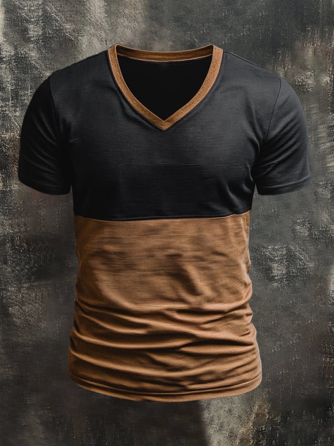 Men's retro-style washed V-neck short-sleeved T-shirt in contrasting color
