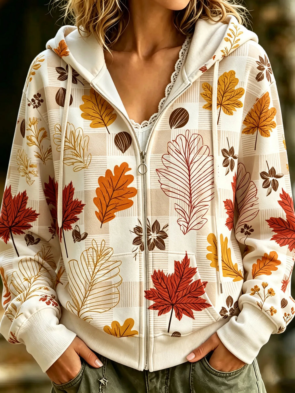 Women's Retro Floral Plaid Print Zip-up Hooded Sweatshirt
