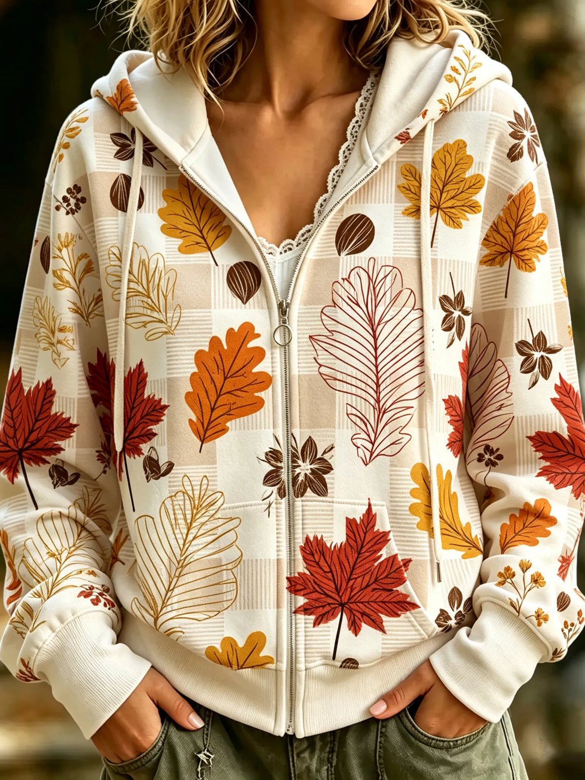 Women's Retro Floral Plaid Print Zip-up Hooded Sweatshirt