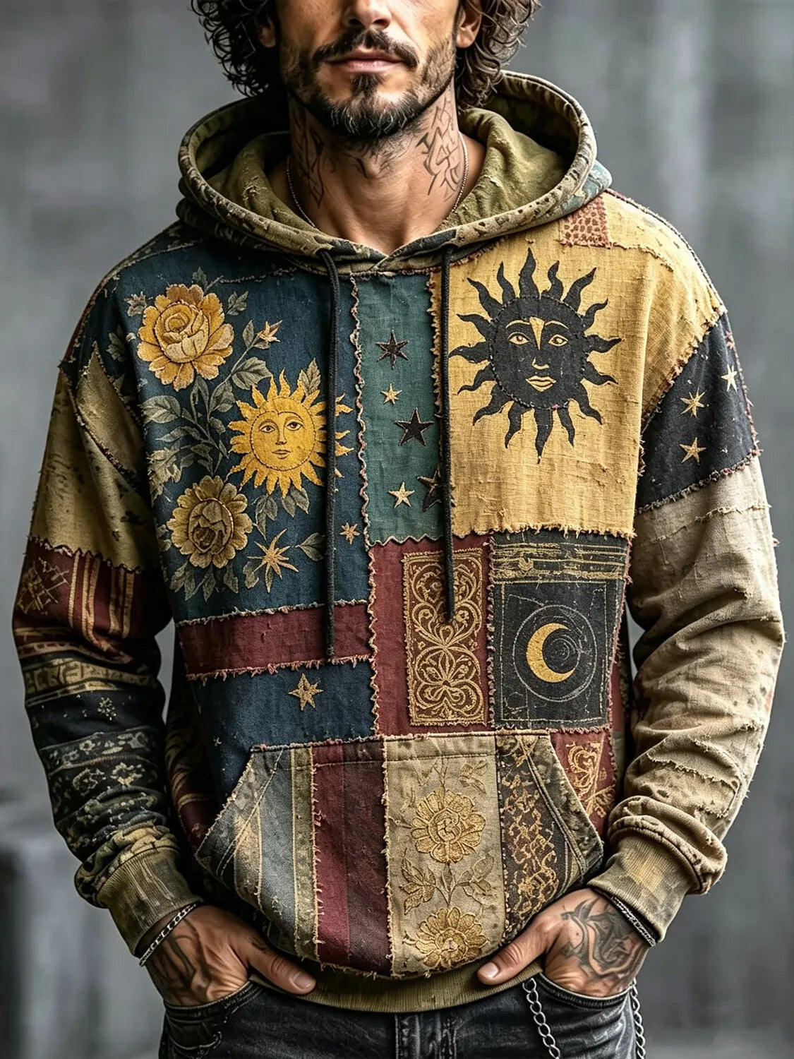 Men's Retro Patchwork Sun Moon Rose Star Print Hoodie