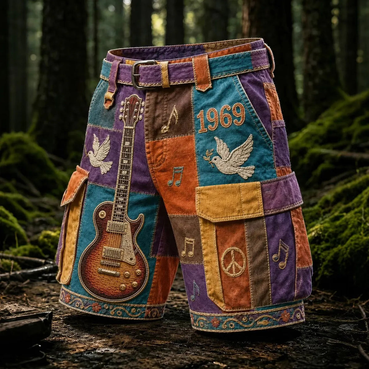 Men's Retro Woodstock Hippie Patchwork Print Cargo Shorts