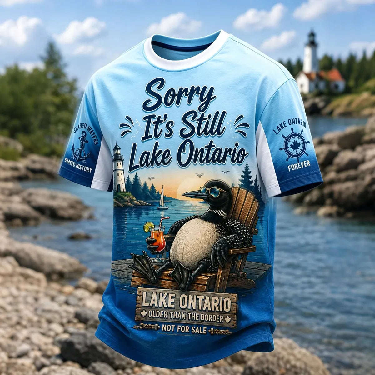 Men's Retro Lake Ontario Landscape Print Crew Neck Short Sleeve T-shirt