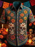 Men's Day Of The Dead Floral Skull Motif Print Short Sleeve Buttons Shirt