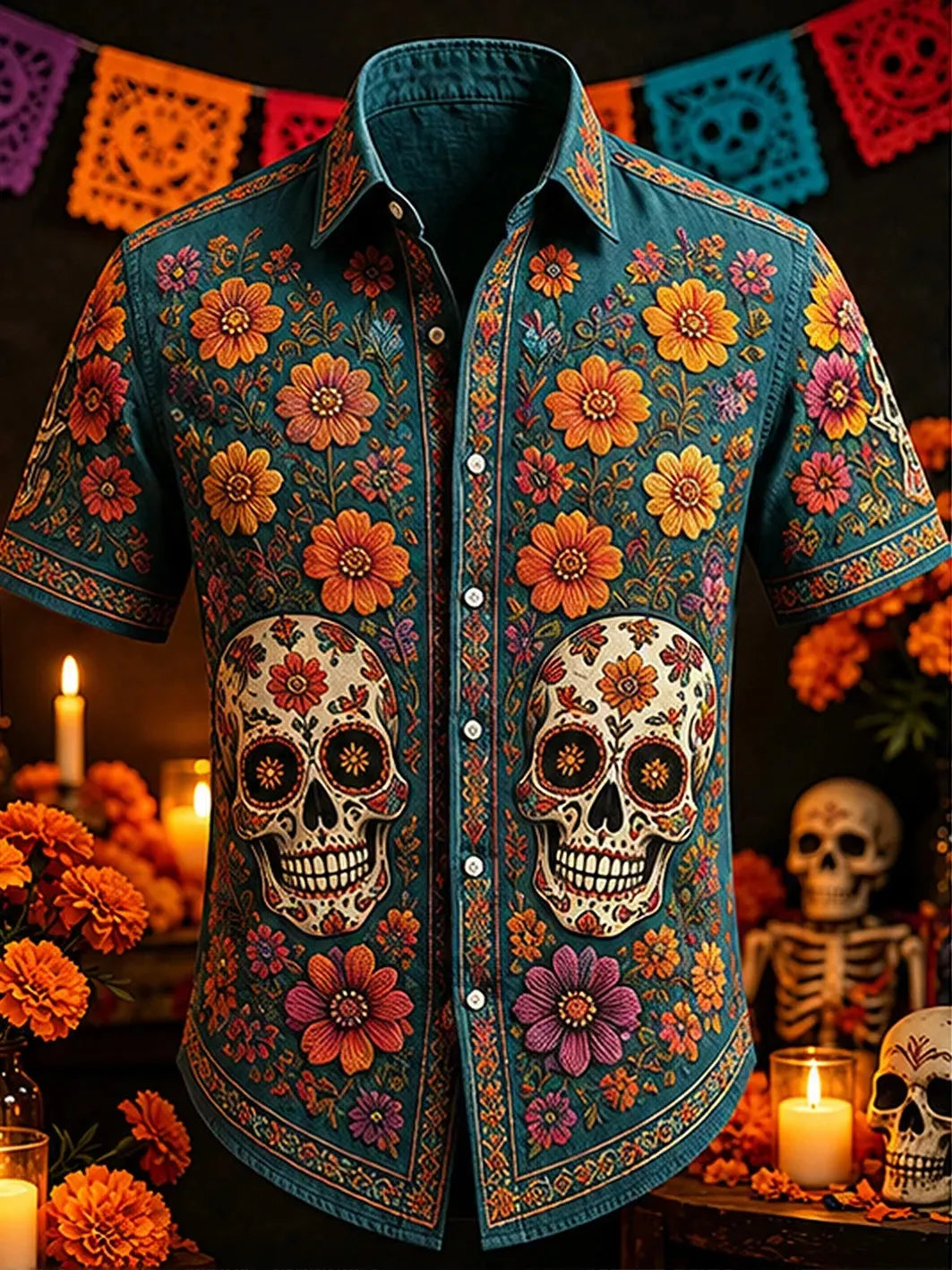 Men's Day Of The Dead Floral Skull Motif Print Short Sleeve Buttons Shirt
