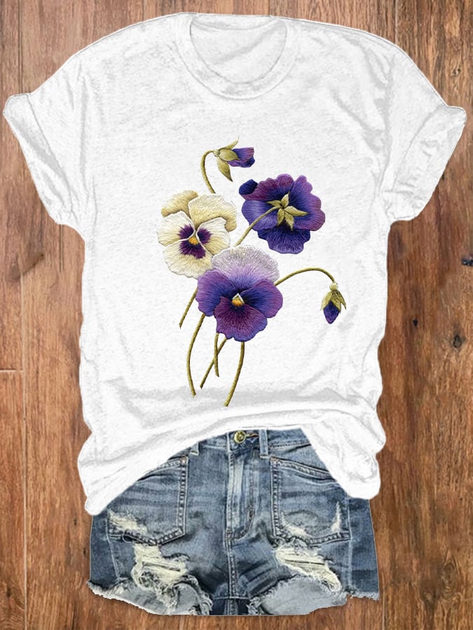 Women's Alzheimer's Awareness Purple Floral Print Crew Neck T-Shirt