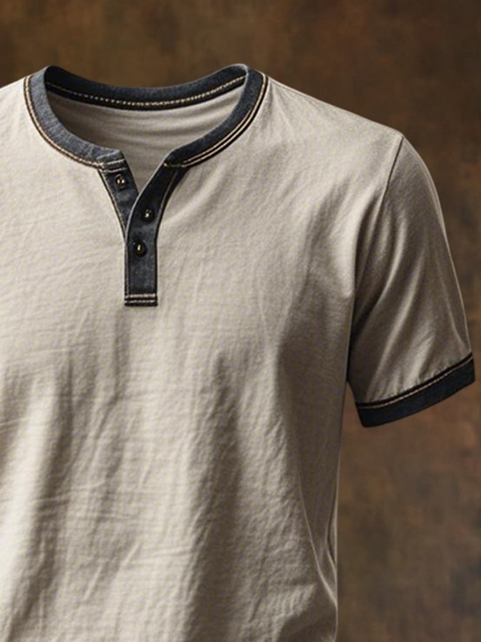 Men's Vintage Distressed Colorblock Casual Henley Short Sleeve T-Shirt