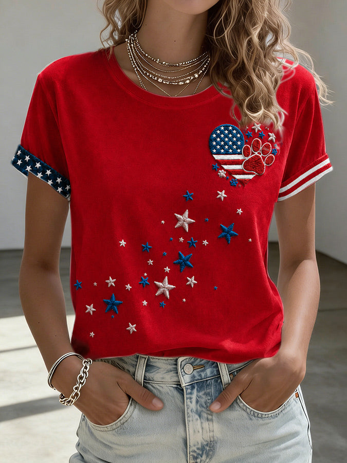 Women'S American Flag Kitten Printed Casual T-Shirt