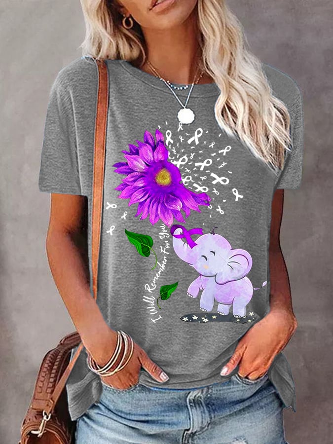 Women's I Will Remember For You Purple Ribbon Elephant Alzheimer's Awareness Supporter Fighter Tee