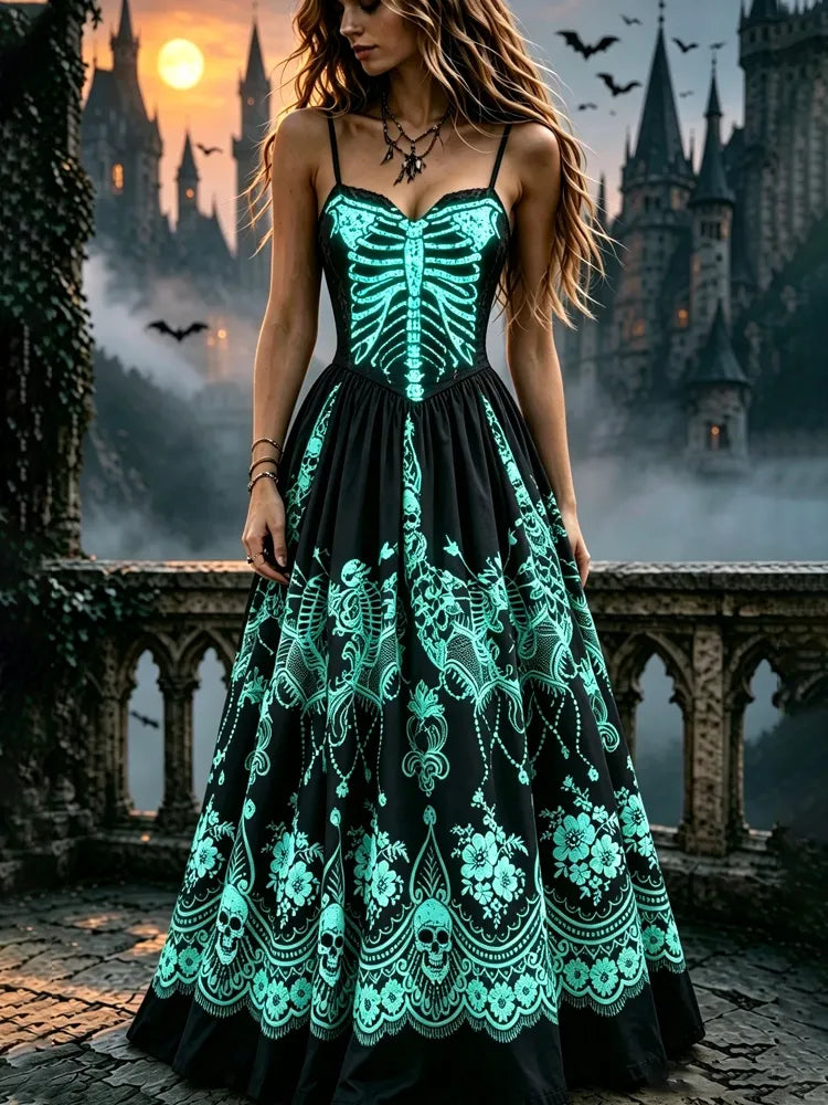 Women's Halloween Gothic Glow-in-the-dark Skull Skeleton Pattern Long Dress