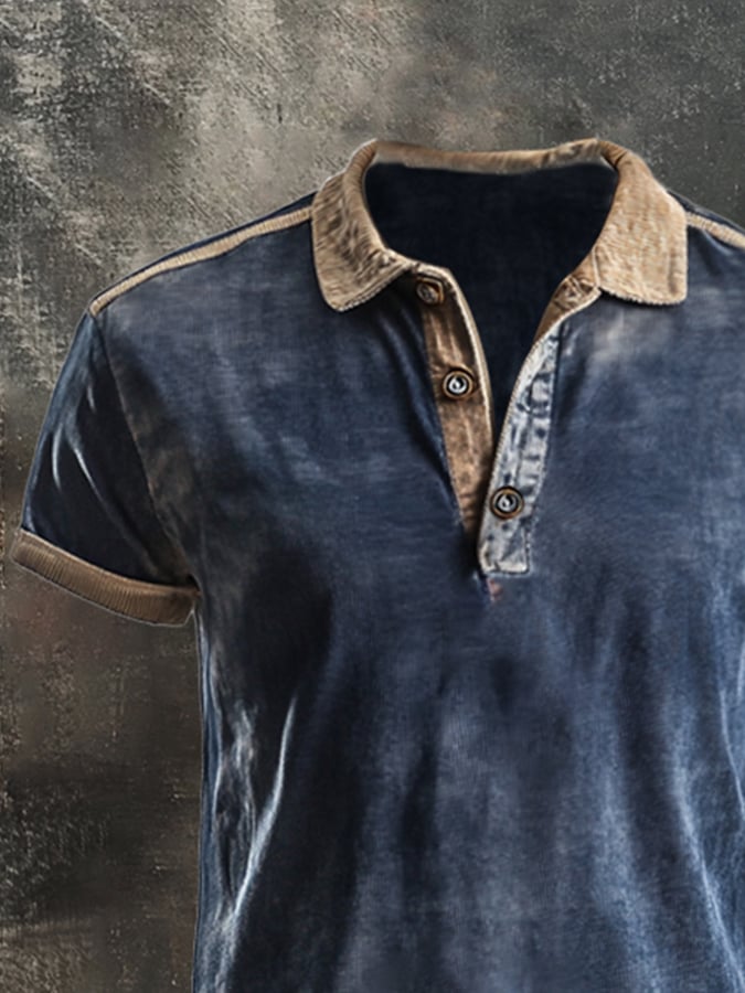 Men's retro wash colorblock short sleeve polo shirt
