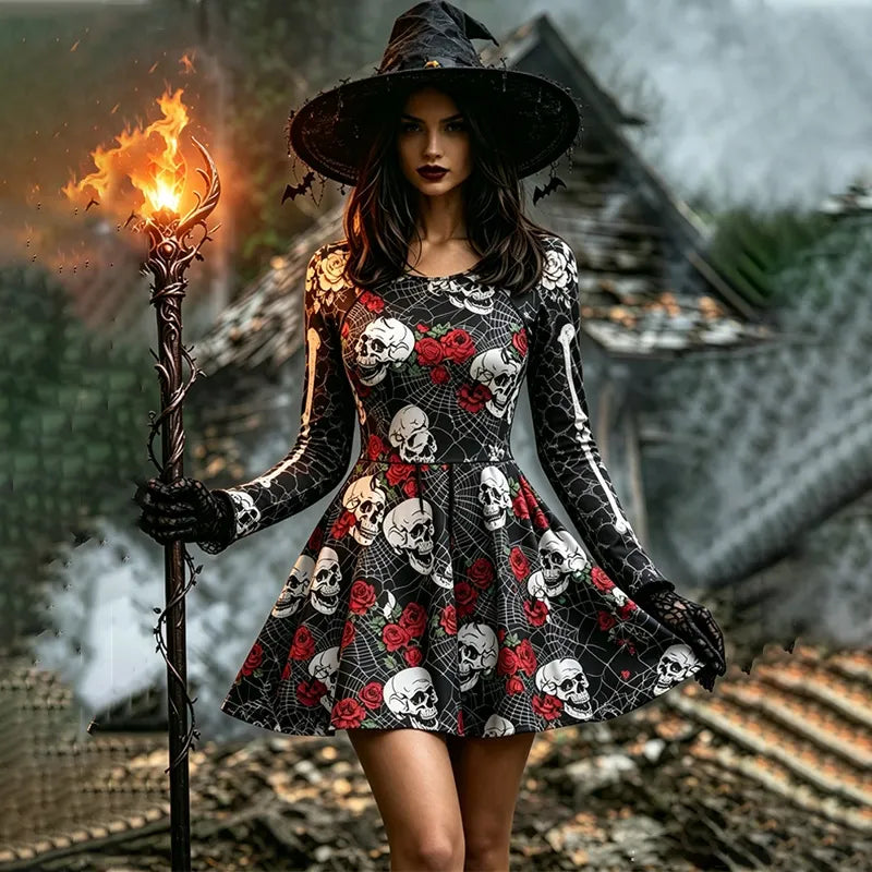 Women's Halloween Gothic Skull Spider Web Rose Long-sleeve Mini Dress
