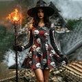 Women's Halloween Gothic Skull Spider Web Rose Long-sleeve Mini Dress