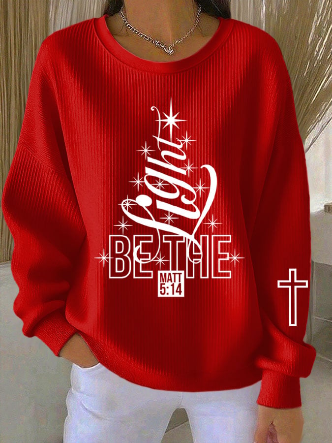 Women's Faith Tree BE THE LIGHT Christmas Knitted Crew Neck Long Sleeve Top