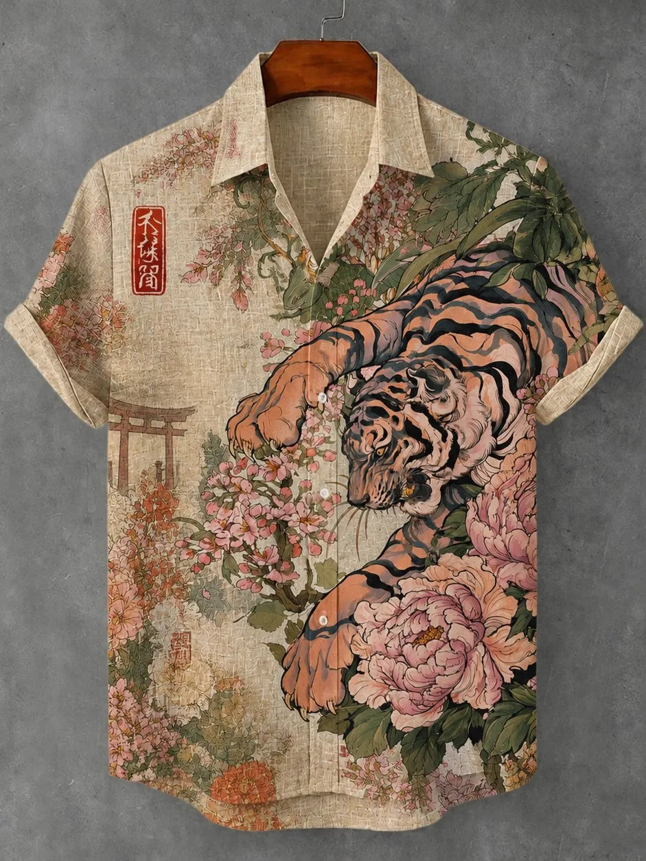 Men's Retro Japanese Art Tiger And Floral Print Cotton Linen Short-sleeve Shirt