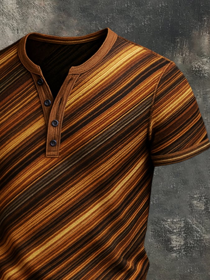 Men's Retro Striped Colorblock Casual Henley Short Sleeve T-Shirt