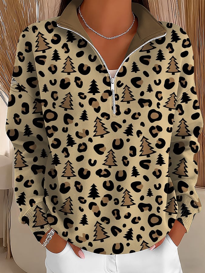 Women's Casual Retro Leopard Print Christmas Tree Zipper Sweatshirt