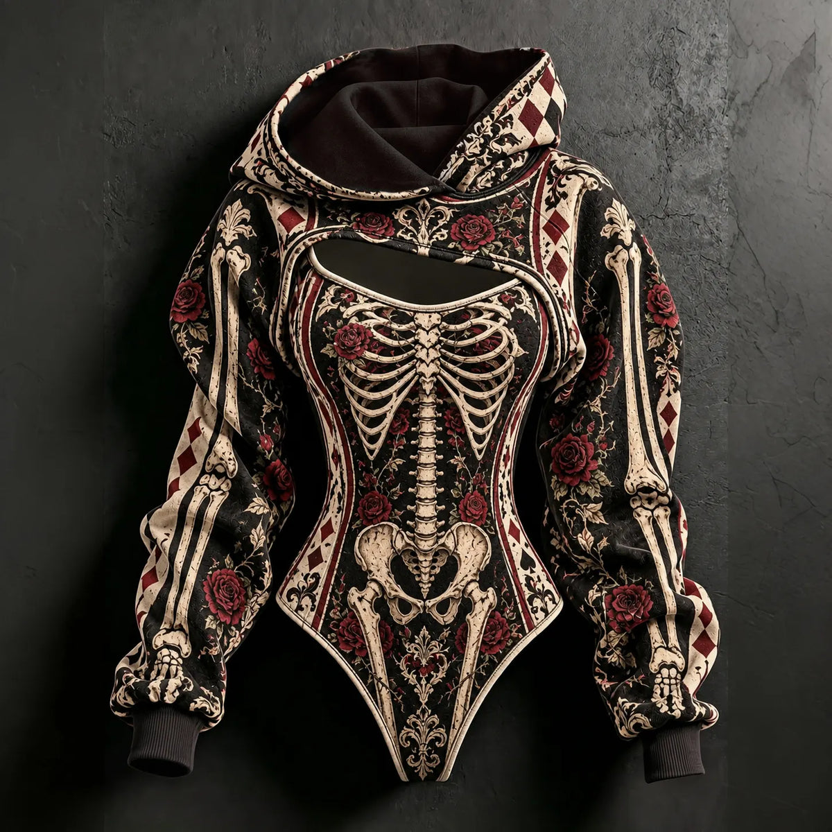 Women's Halloweenhalloween Gothic Skeleton & Floral Poker Print Hoodie Two-piece Set