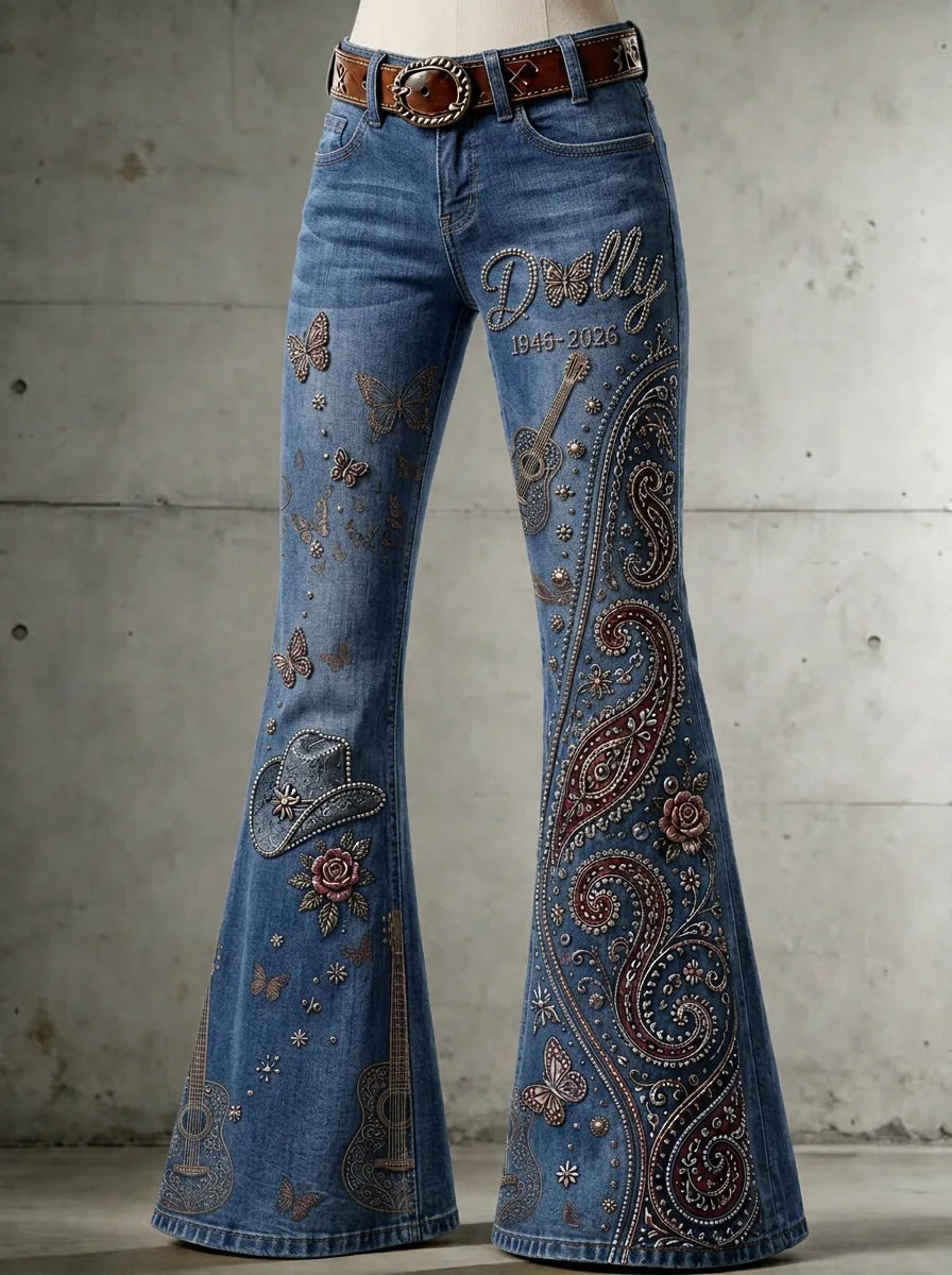 Women's Dolly Parton Butterfly Guitar Paisley Printed Flare Pants