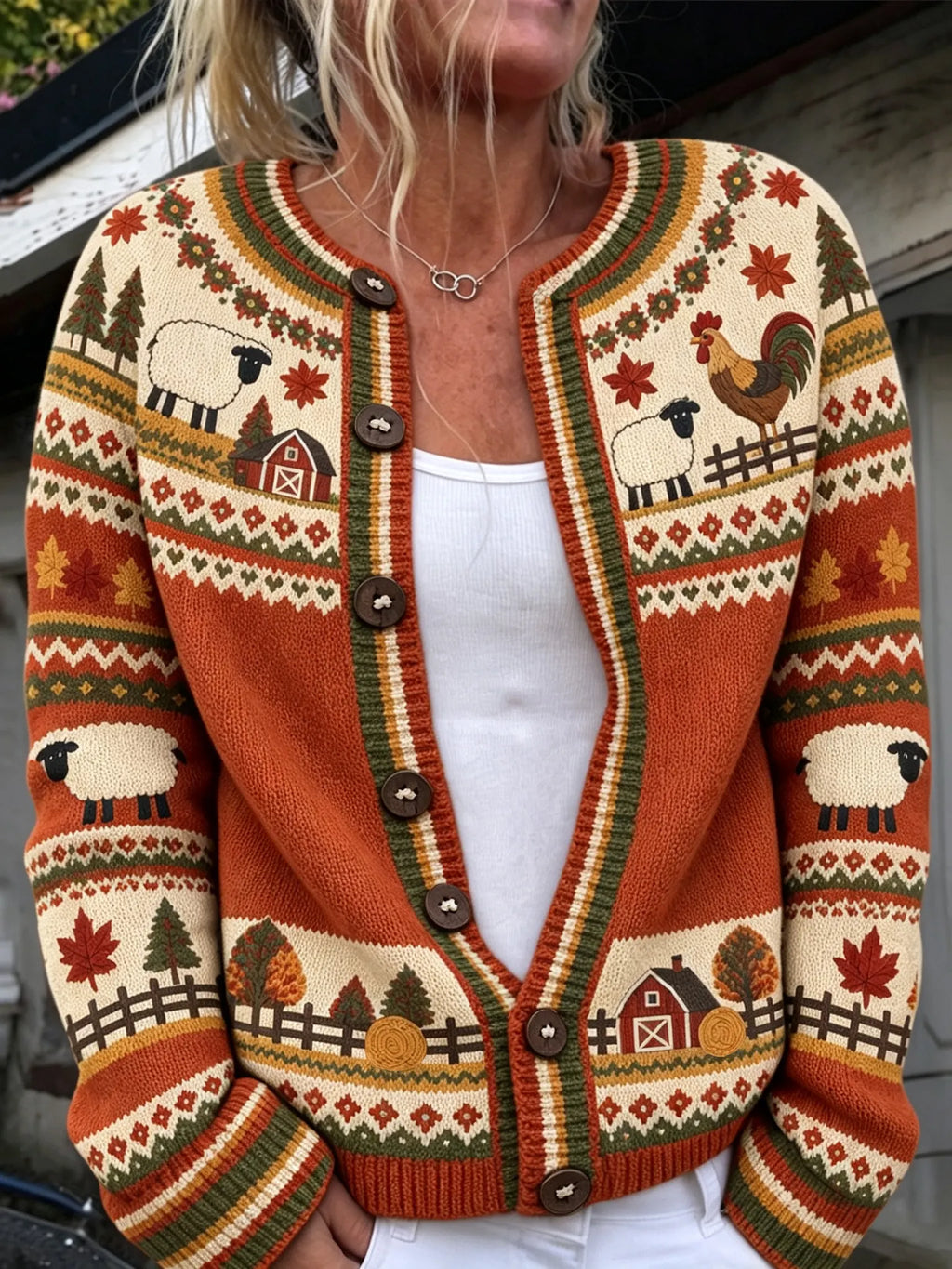 Women's Vintage Farm Animal Print Casual Knit Cardigan Sweater