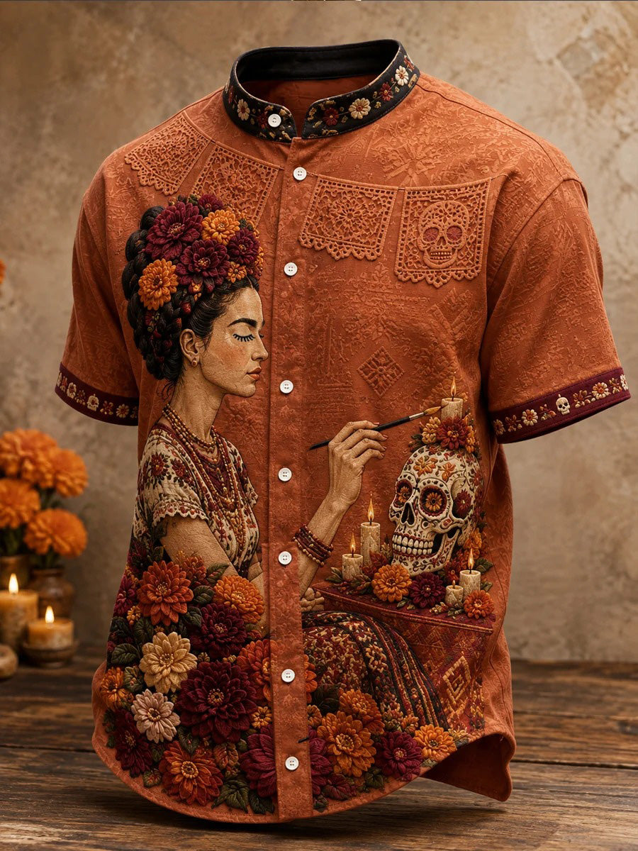 Men'S Day Of The Dead Frida Kahlo Style Portrait Skull Marigold Print Stand Collar Short Sleeve Shirt