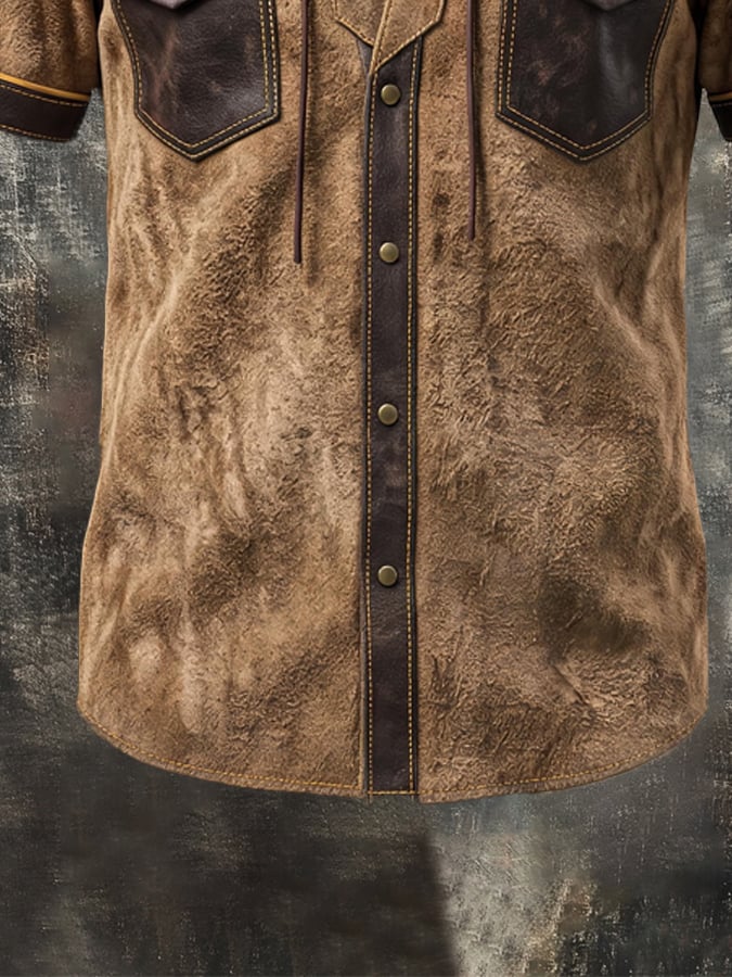 Men's Retro Faux Suede and Leather Panel Lace-Up T-Shirt