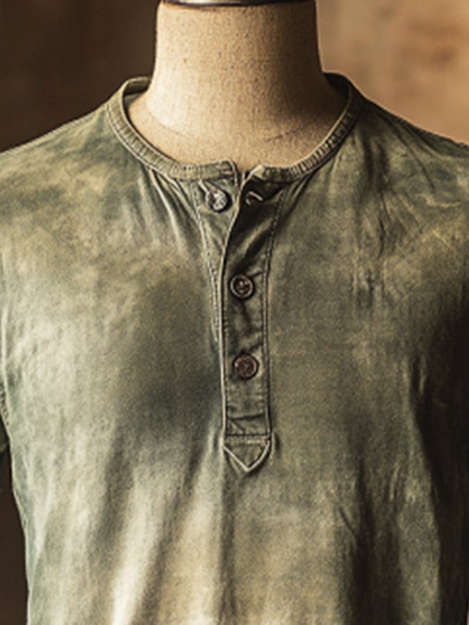 Men's Vintage Premium Distressed Henley Short Sleeve T-Shirt