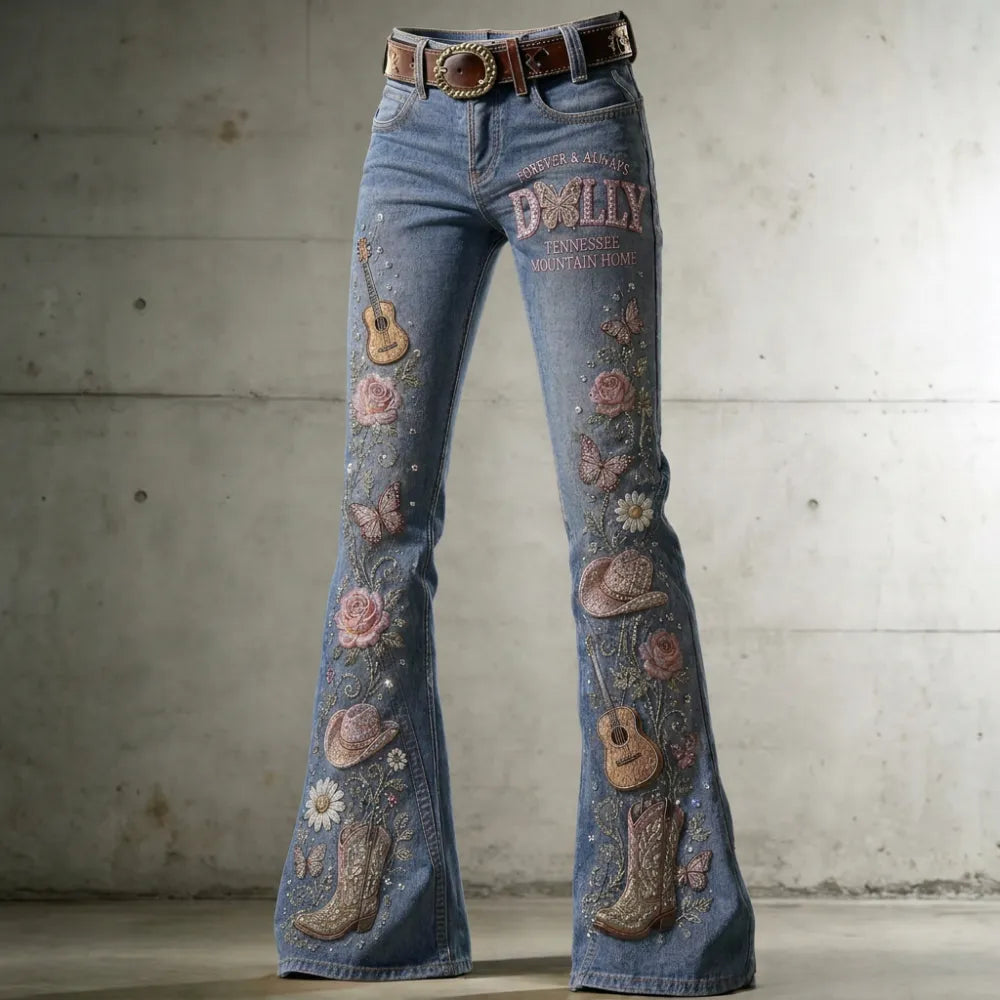 Women's Dolly Parton Guitar Butterfly Rose Printed Flare Jeans