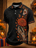 Men's Day Of The Dead Stylized Sugar Skull Skeleton Hand Lush Warm‐Toned Floral Print Short Sleeve Polo Shirt