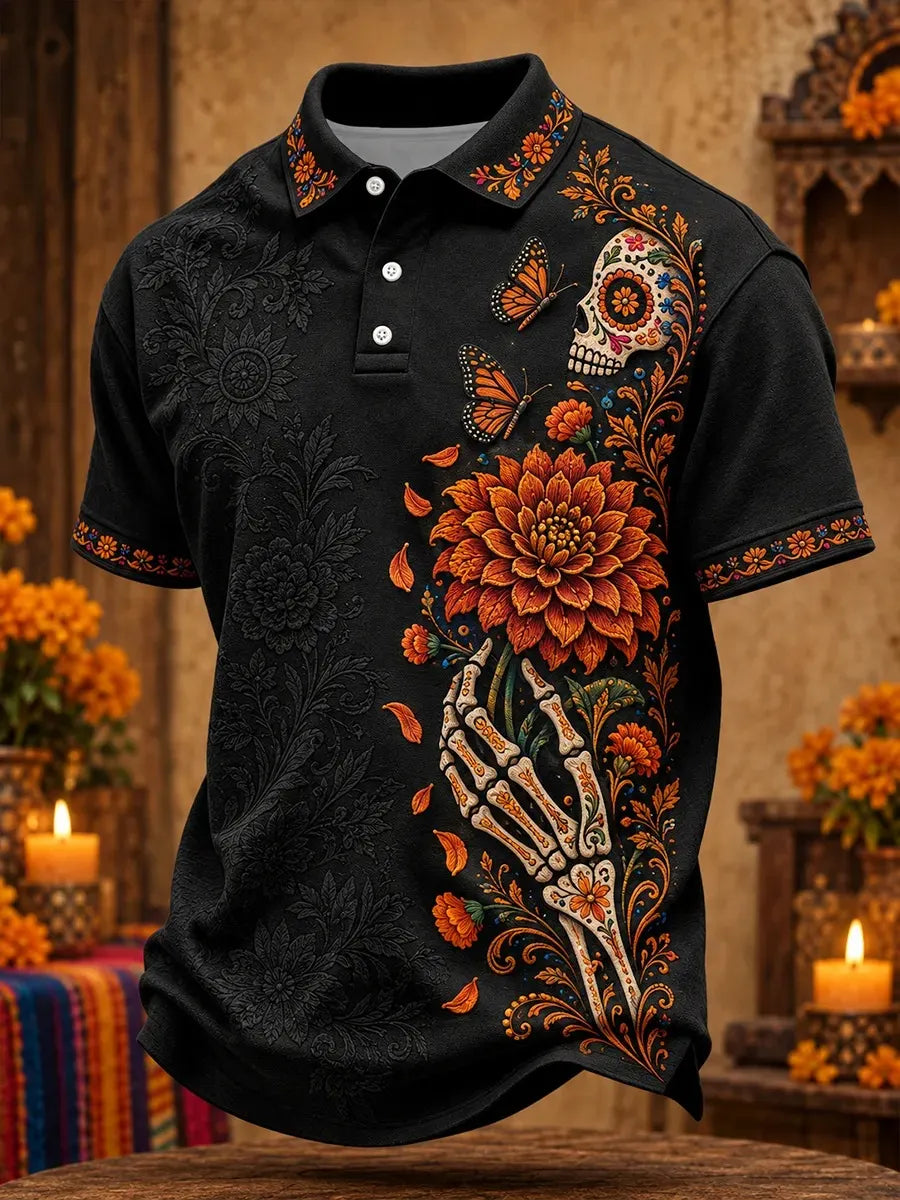 Men's Day Of The Dead Stylized Sugar Skull Skeleton Hand Lush Warm‐Toned Floral Print Short Sleeve Polo Shirt