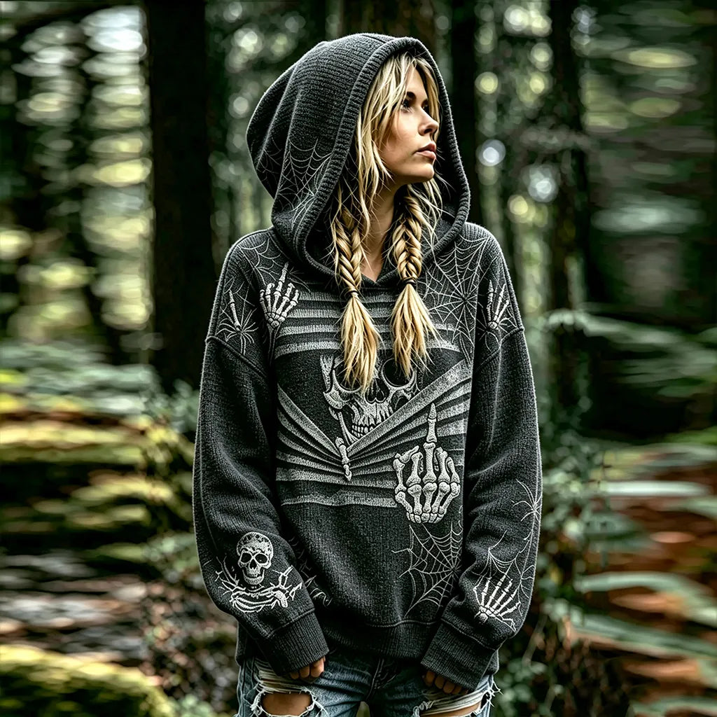 Women's Retro Halloween Skull And Spider Web Knit Hooded Sweater